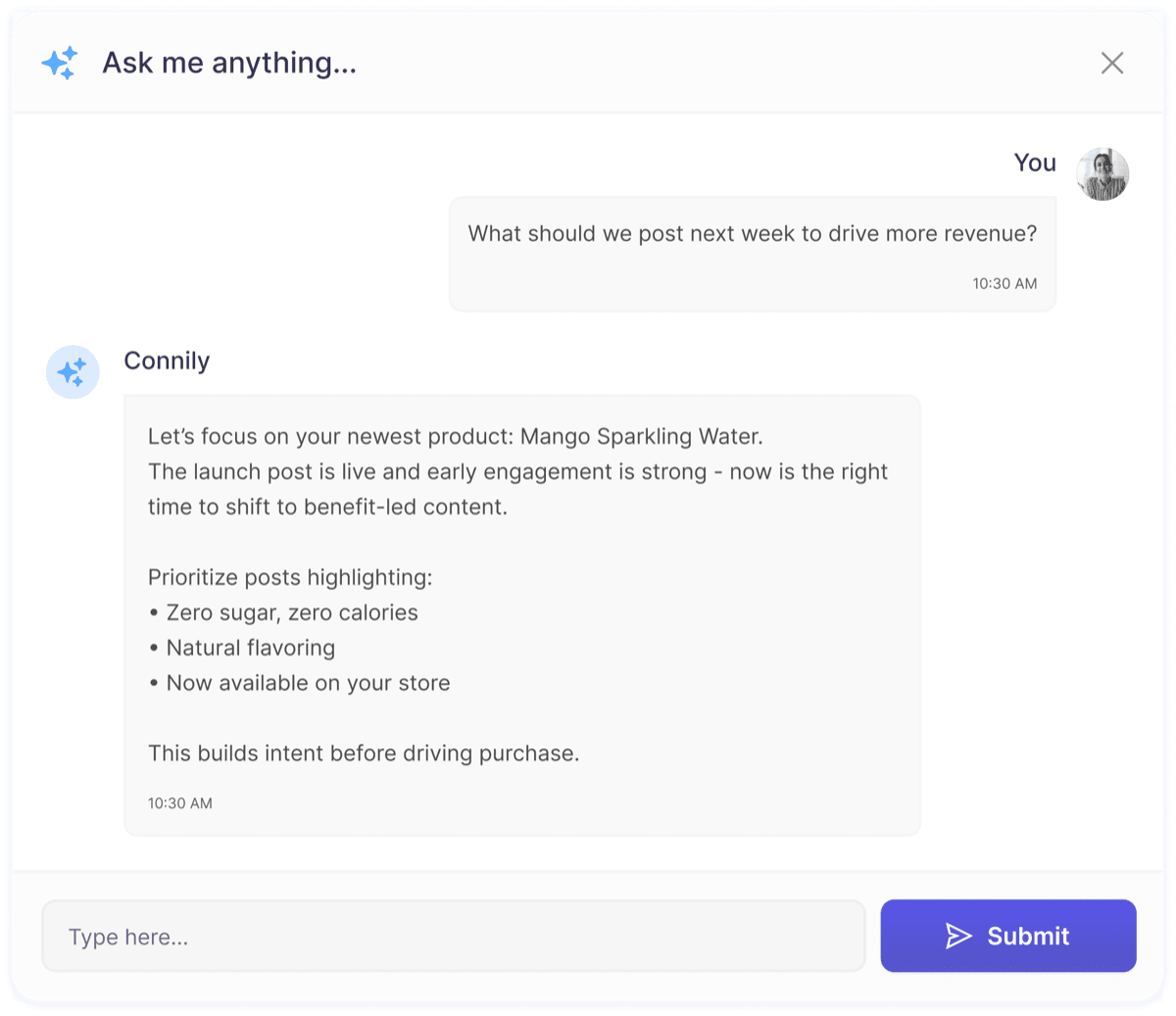 Asking Connily what to post next week to drive more revenue