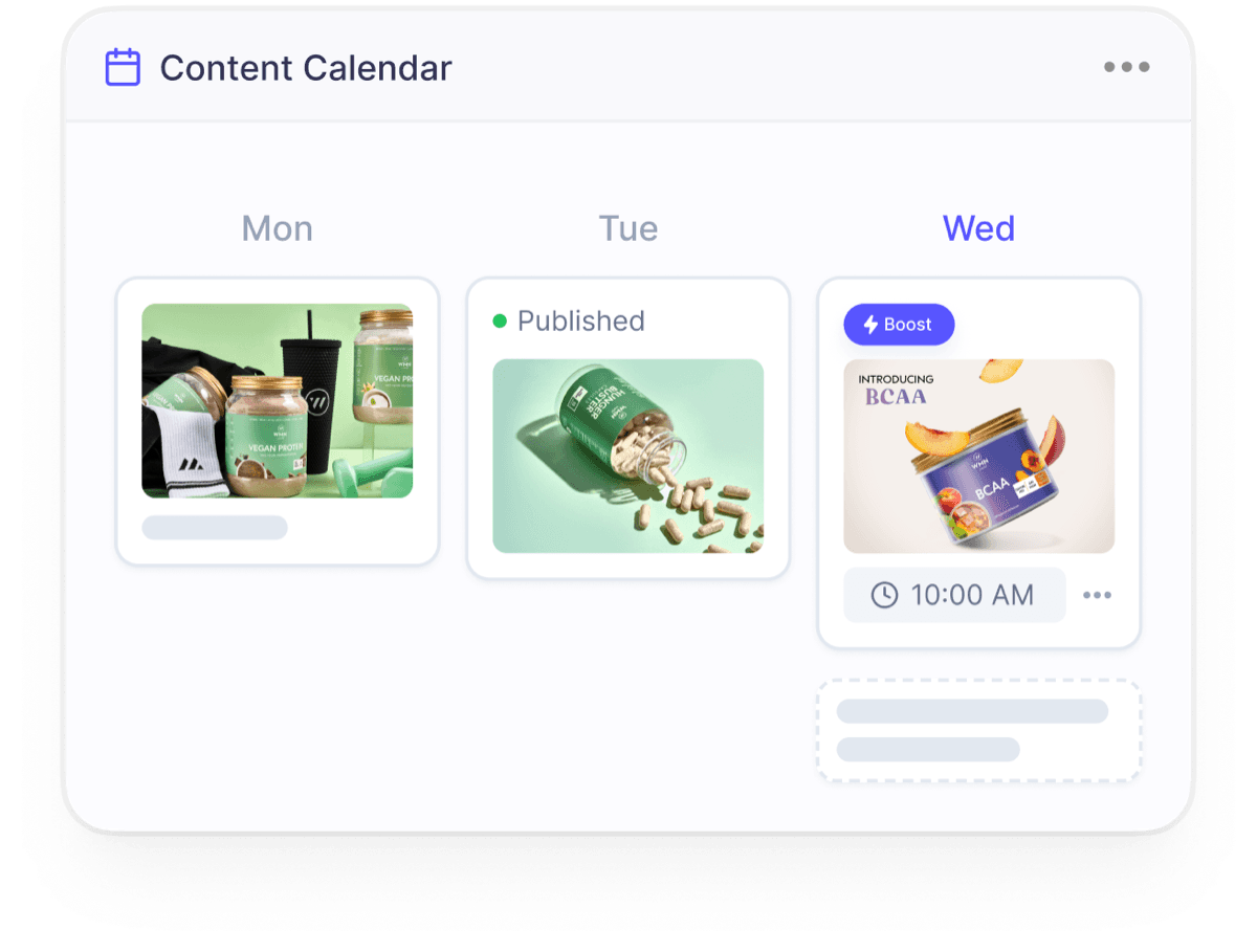 The content calendar with posts planned, published and boosted